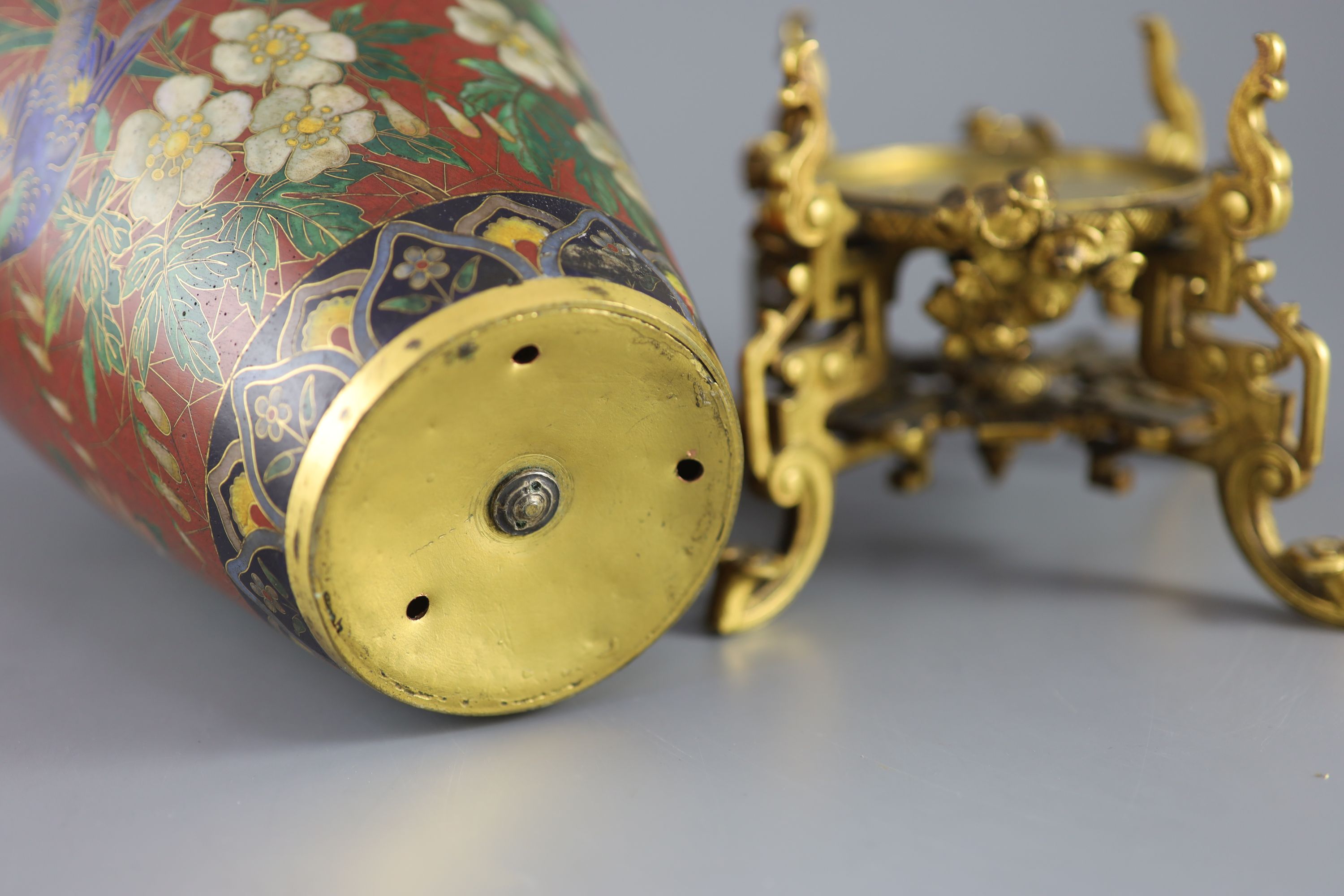 An Elkington & Co. Japonaise ormolu mounted 'cloisonne' enamel vase, c.1874, 32cm high, area of restoration